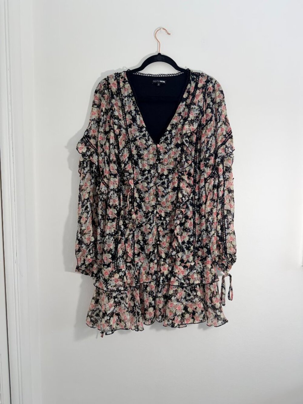 Fashion Nova Floral Ruffle Mini Dress Black Pink Rose Print Long Sleeve Boho - Picture 2 of 8